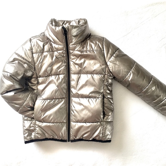 Cool metallic shiny silver girls puffer jacket, Joe Fresh, 5T - Picture 1 of 5
